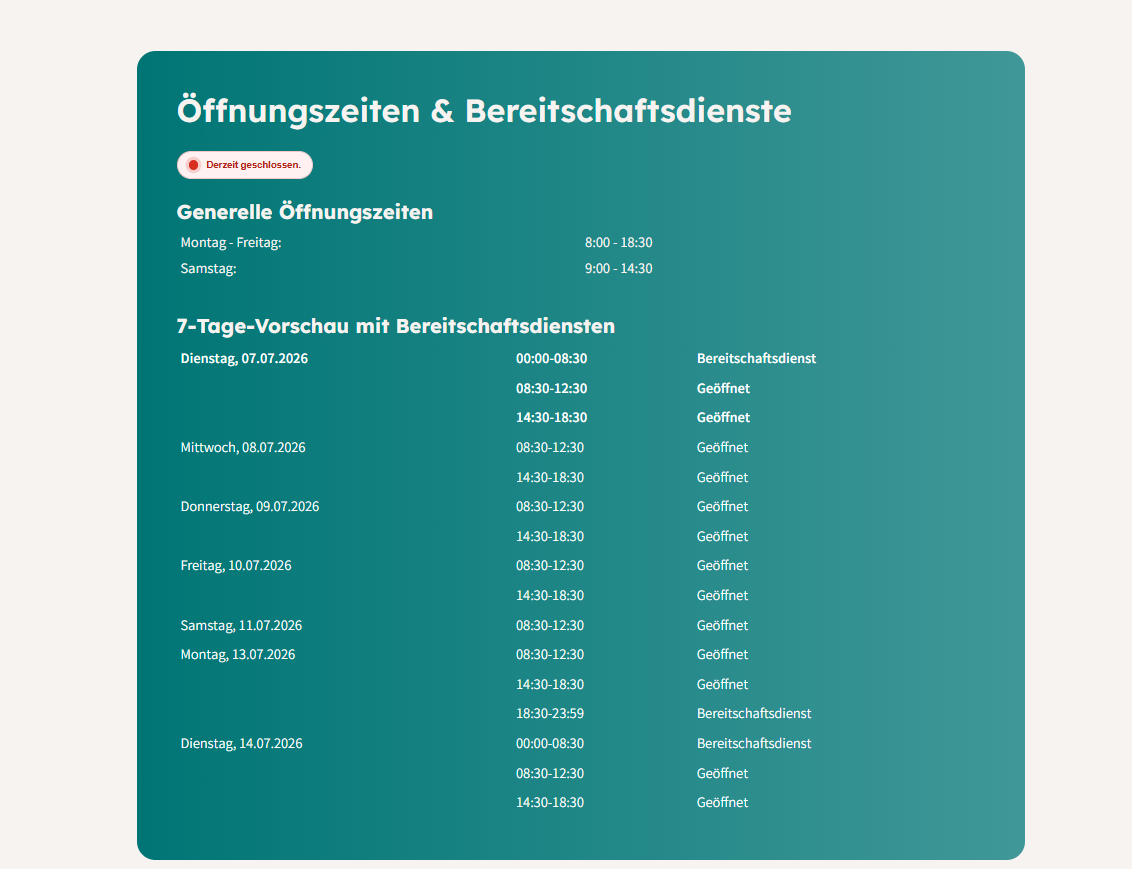 Screenshot Öffnungszeiten & Bereitschaftsdienste
